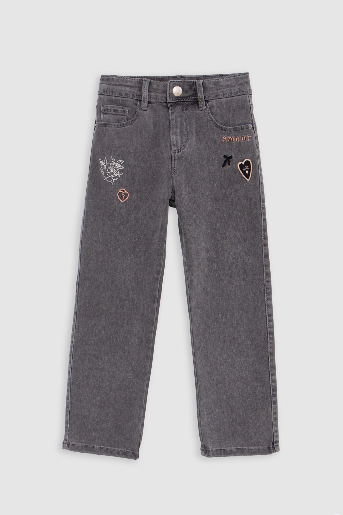 STRAIGHT GREY JEANS WITH GIRL'S EMBROIDERY 1