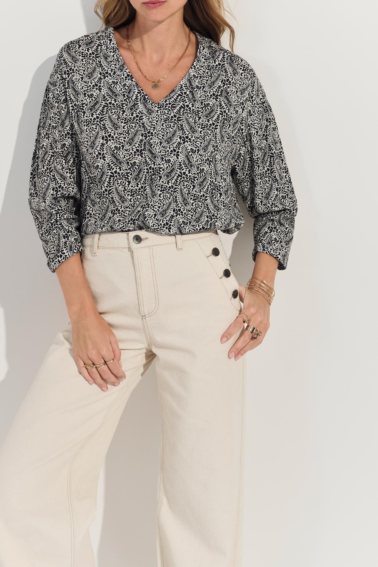 CERES - BLACK BLOUSE WITH NEO CASHMERE PRINT 1