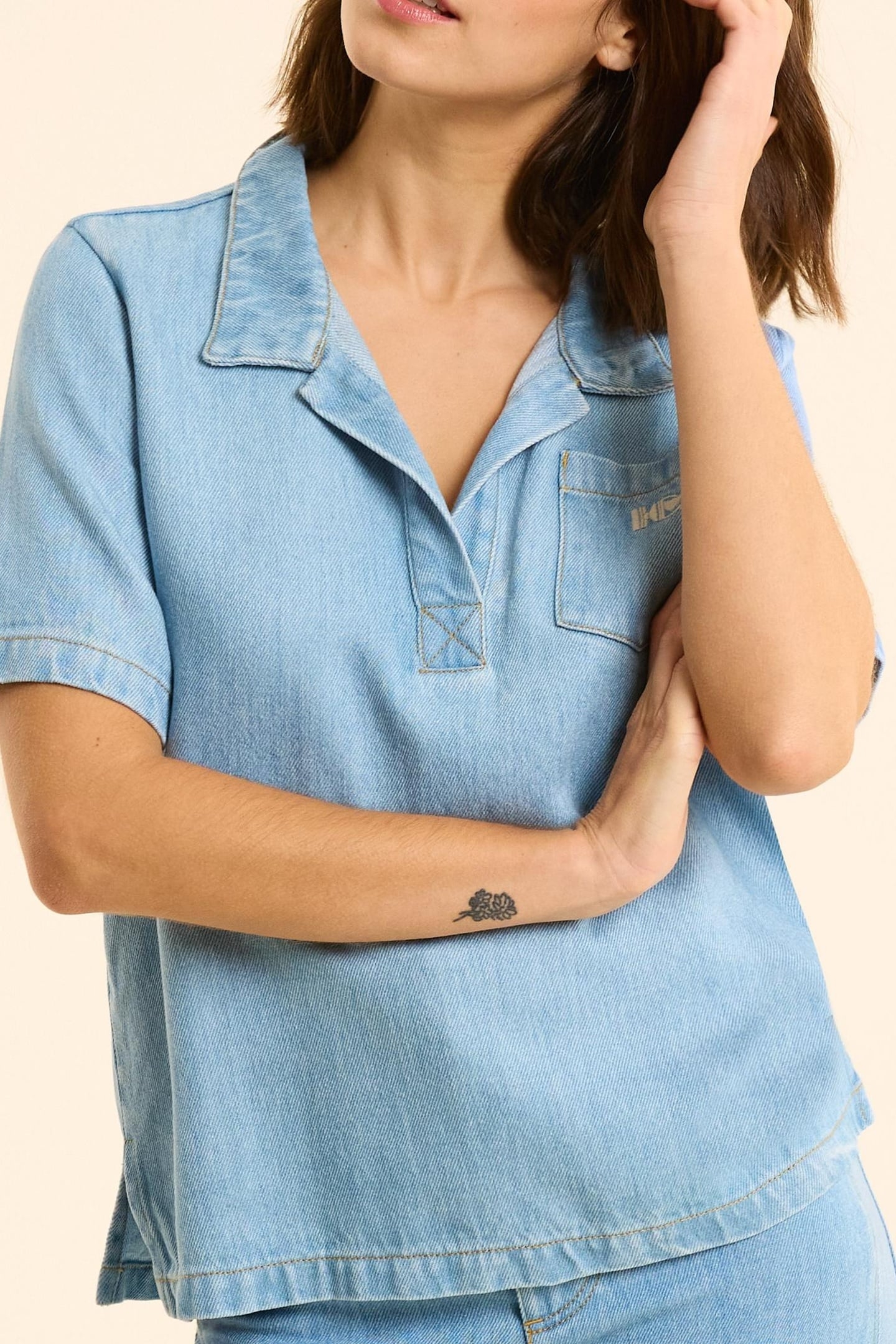 BLUE DENIM PEA JACKET-STYLE TOP BLEACH 5