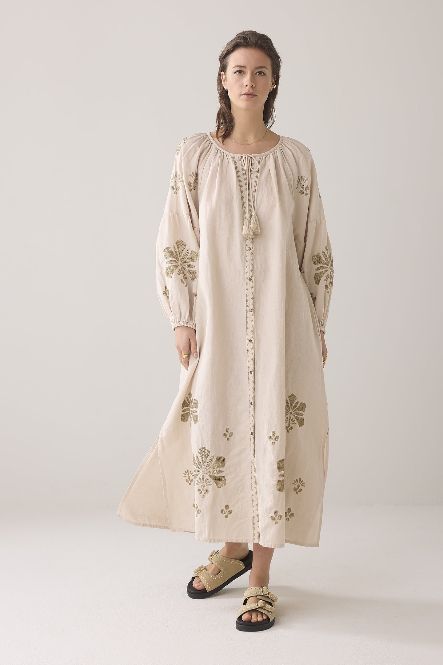 LONG DRESS LINEN HEAVY EMBROIDERY PEBBLE BEIGE 1