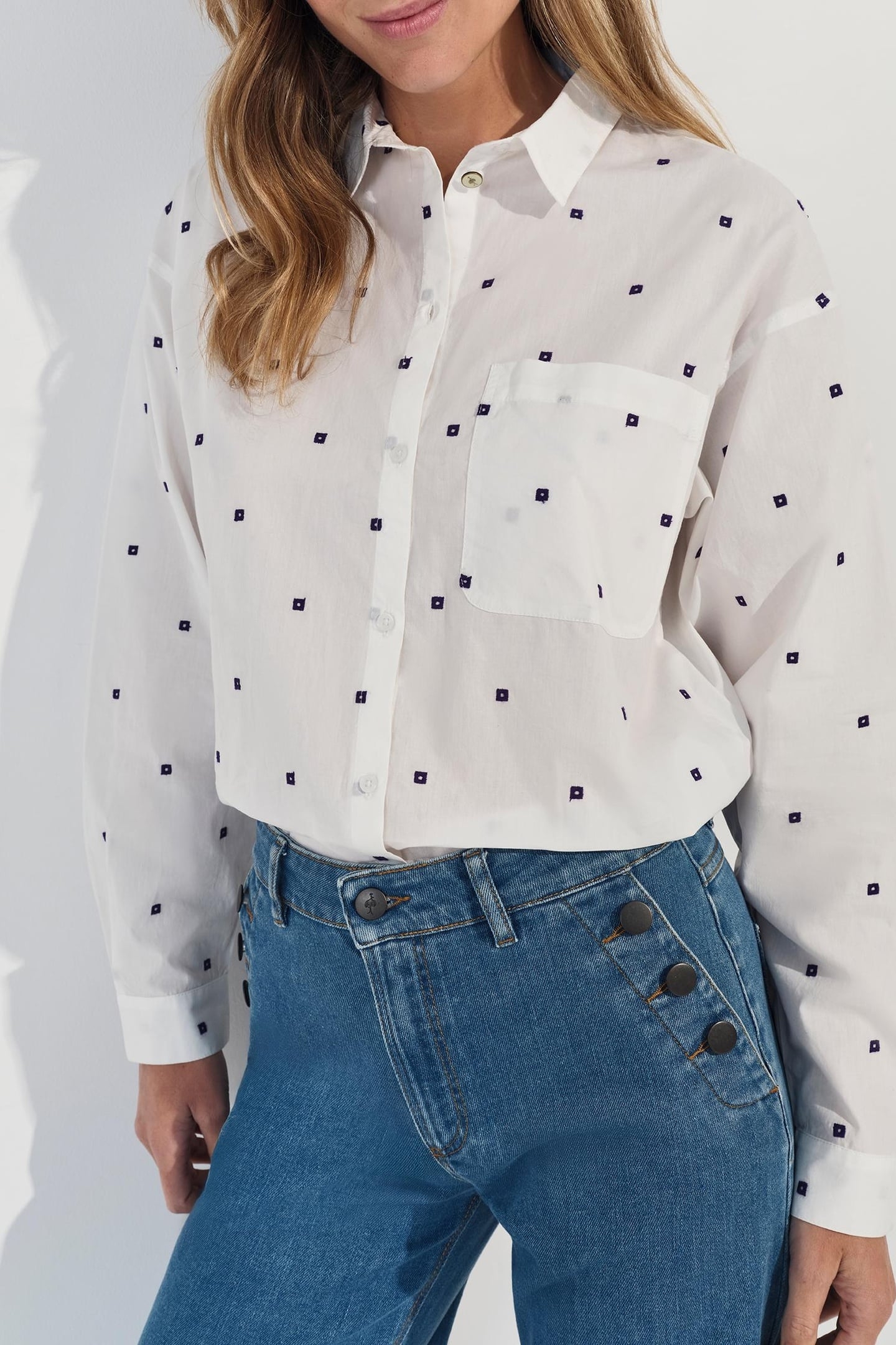 CELESTE - ECRU SHIRT WITH SMALL PURPLE SQUARE EMBROIDERY 6