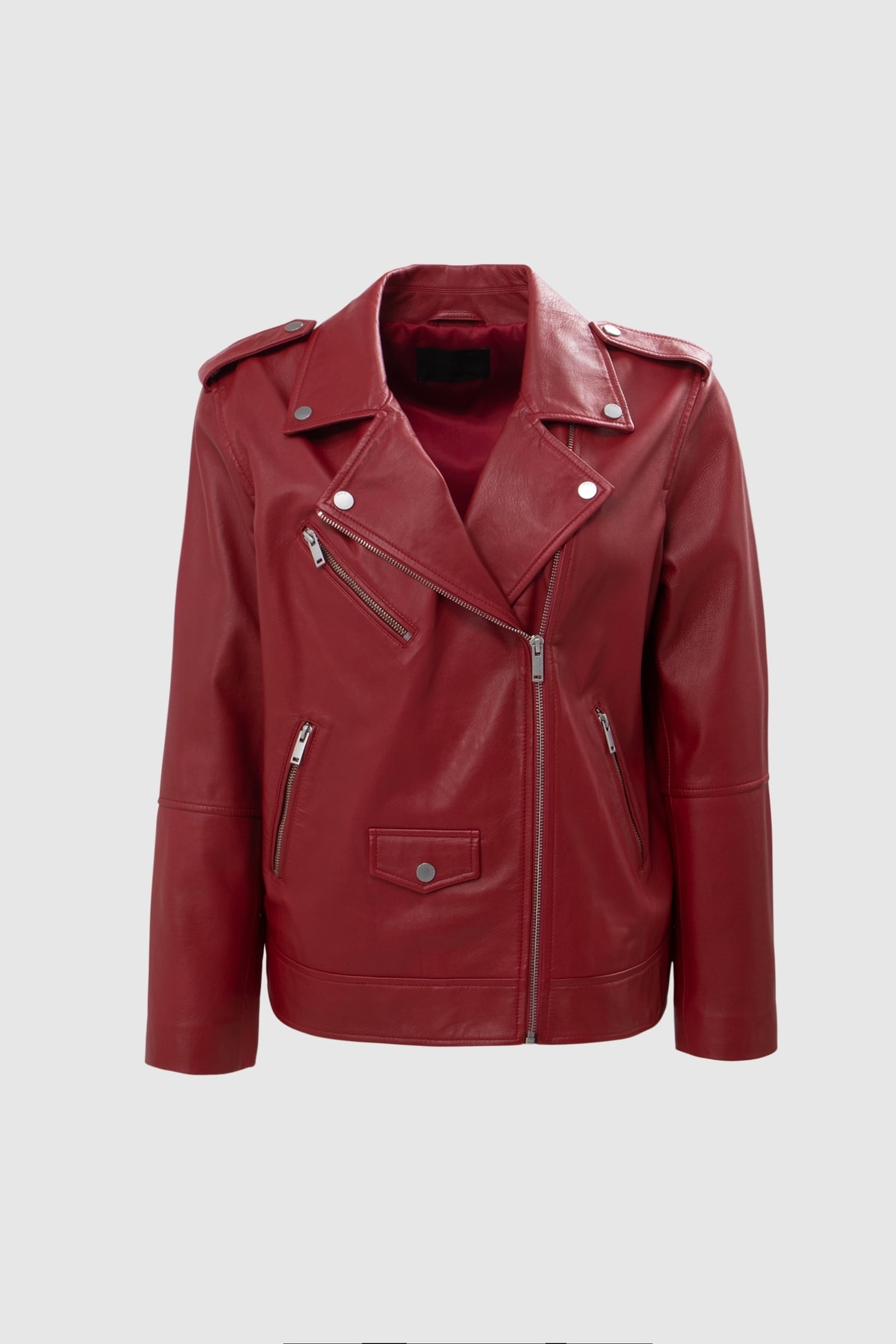 RED LEATHER BIKER JACKET WITH ZIPPED POCKETS 5