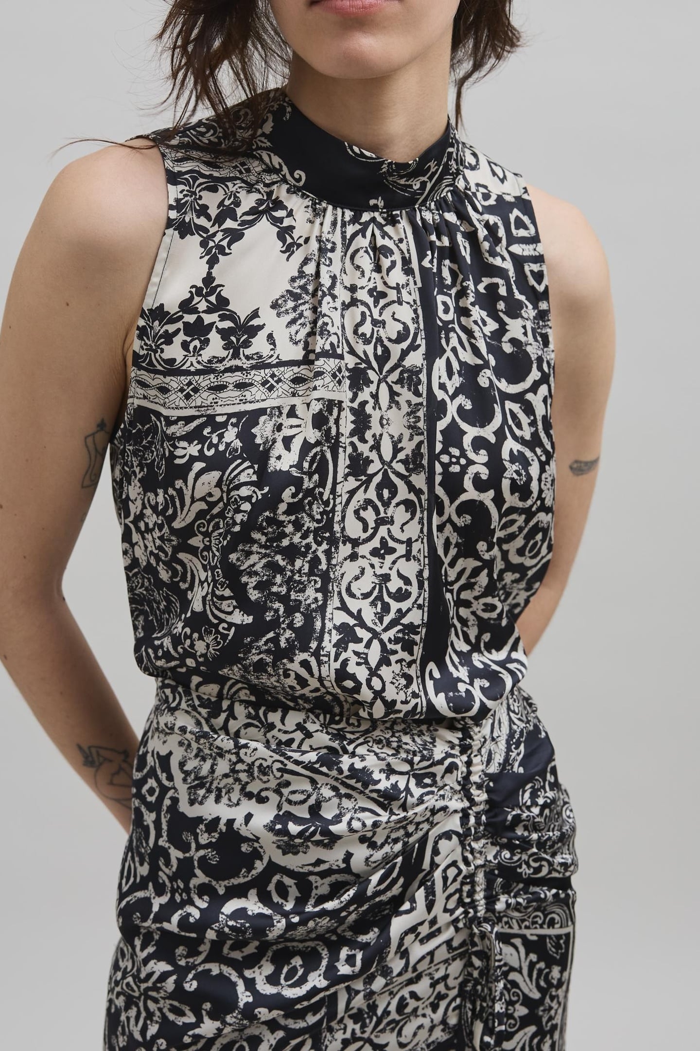 BLACK PATCHWORK PRINT SCARF HIGH NECK TOP 1