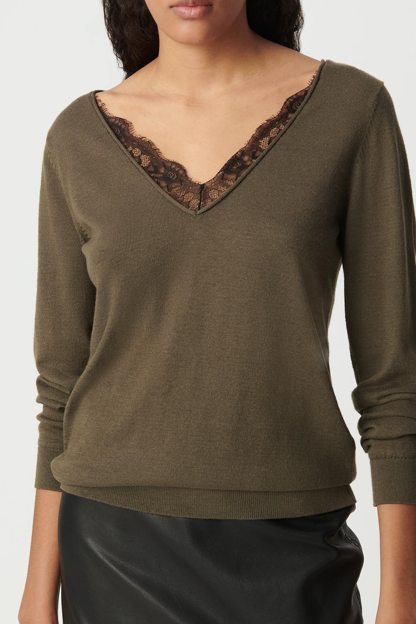 KHAKI SWEATER WITH LACE-TRIMMED FRONT AND BACK 5