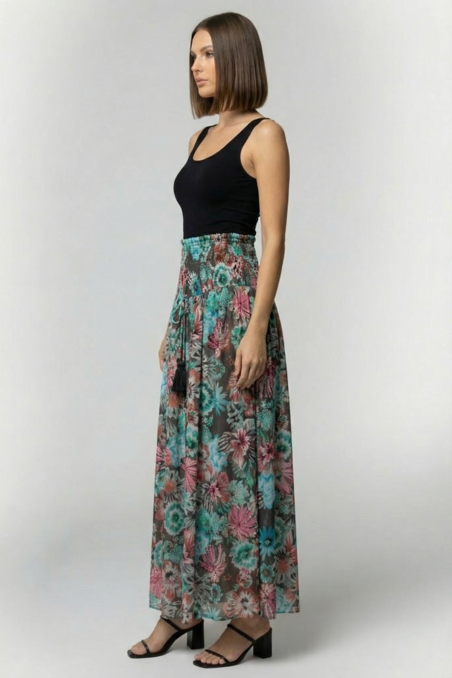 SMOCKED SKIRT MAGIC IN DARK SHADOW WITH FLORAL MEDLEY PRINT 3