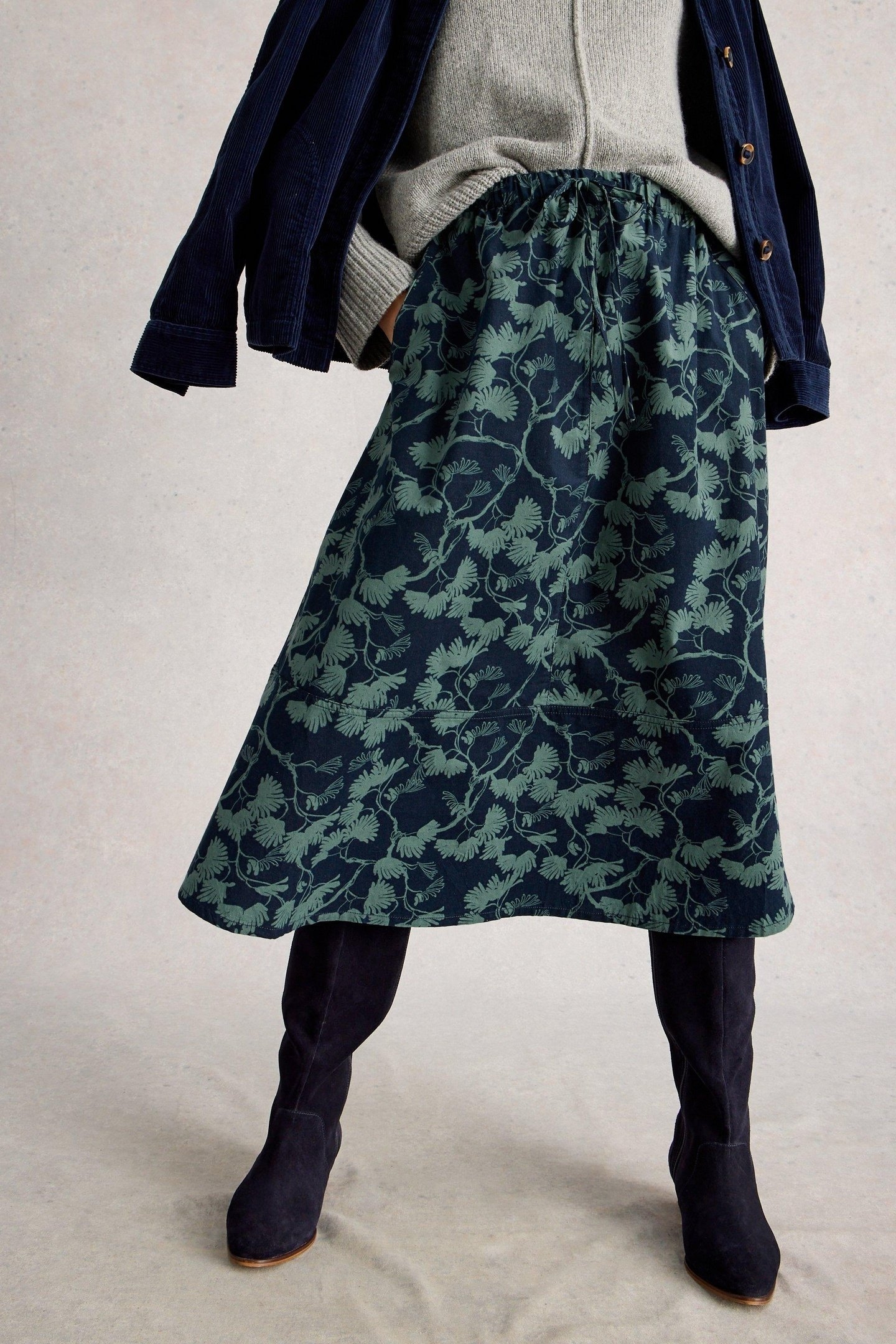 TILLY CORD MIDI SKIRT NAVY PRINT 1