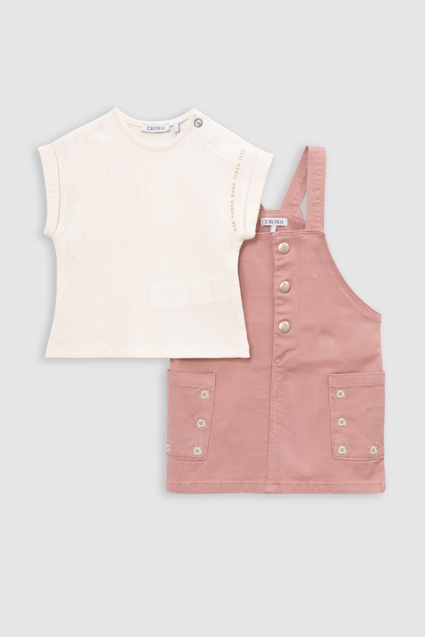 PINK DRESS-SALOPETTE AND ECRU T-SHIRT SET 4