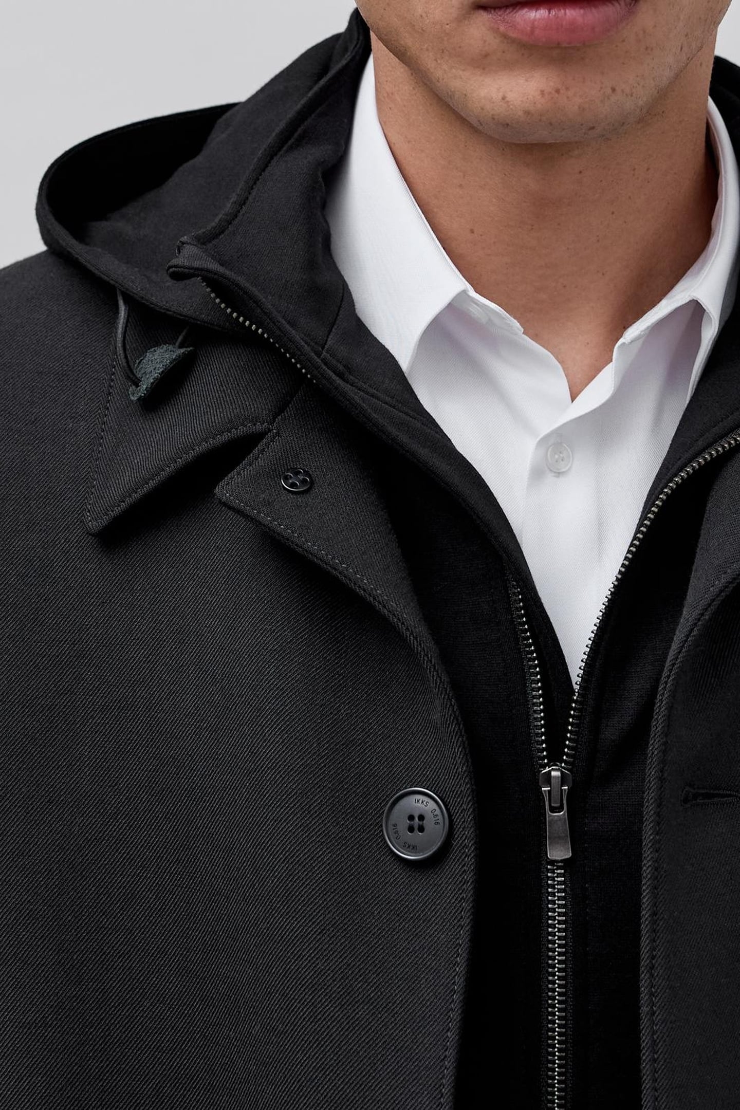 BLACK TRENCH COAT WITH DETACHABLE HOOD FACING 7