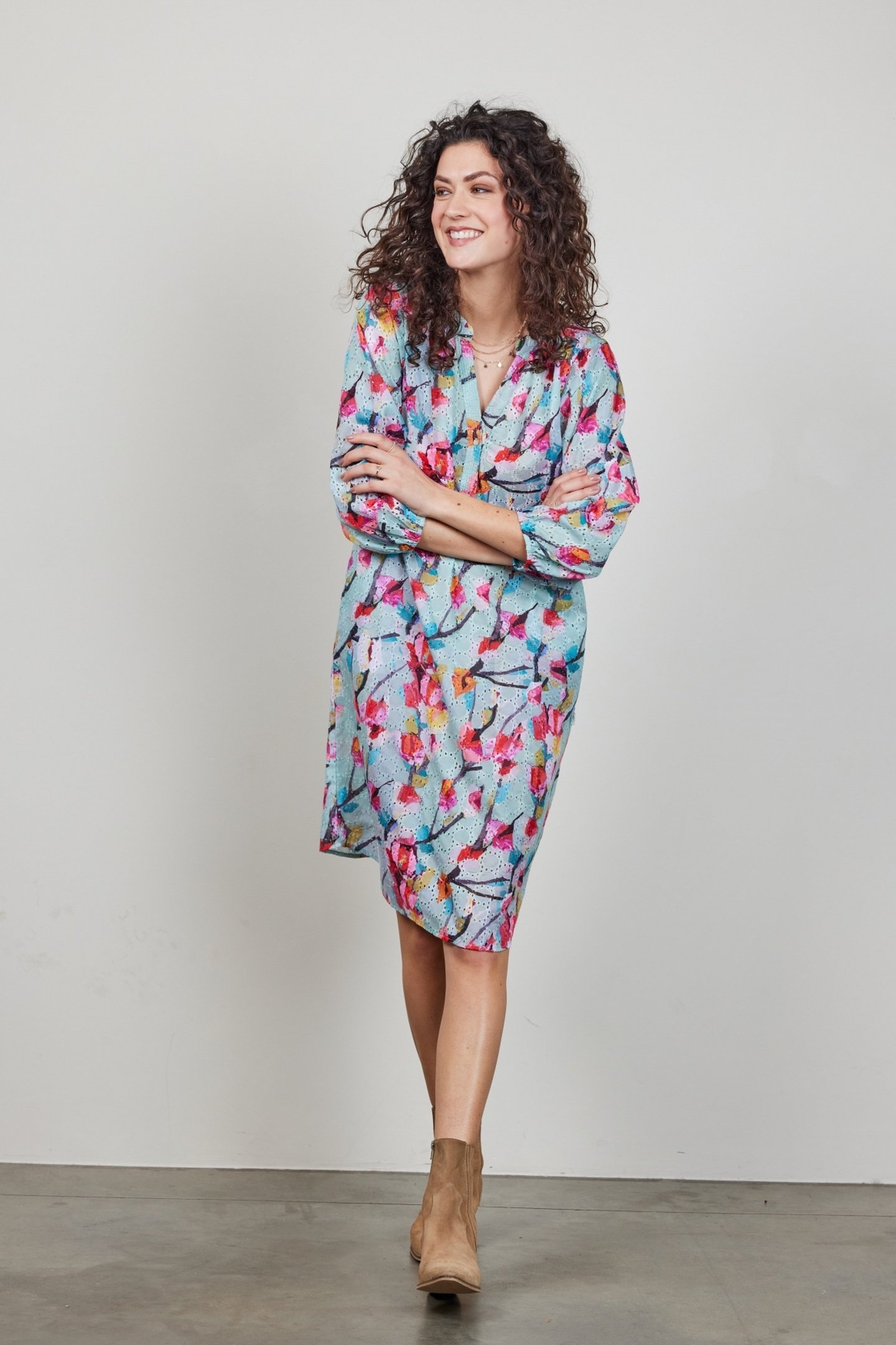 DRESS SYDNEY IN GREEN WITH PINK BLOSSOM PRINT 1