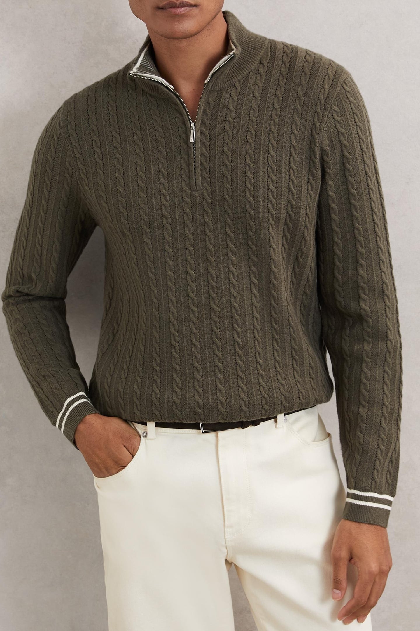 LS HALF ZIP FUNNEL NECK TIPPED CUFF CABLE JUMPER KHAKI GREEN 1