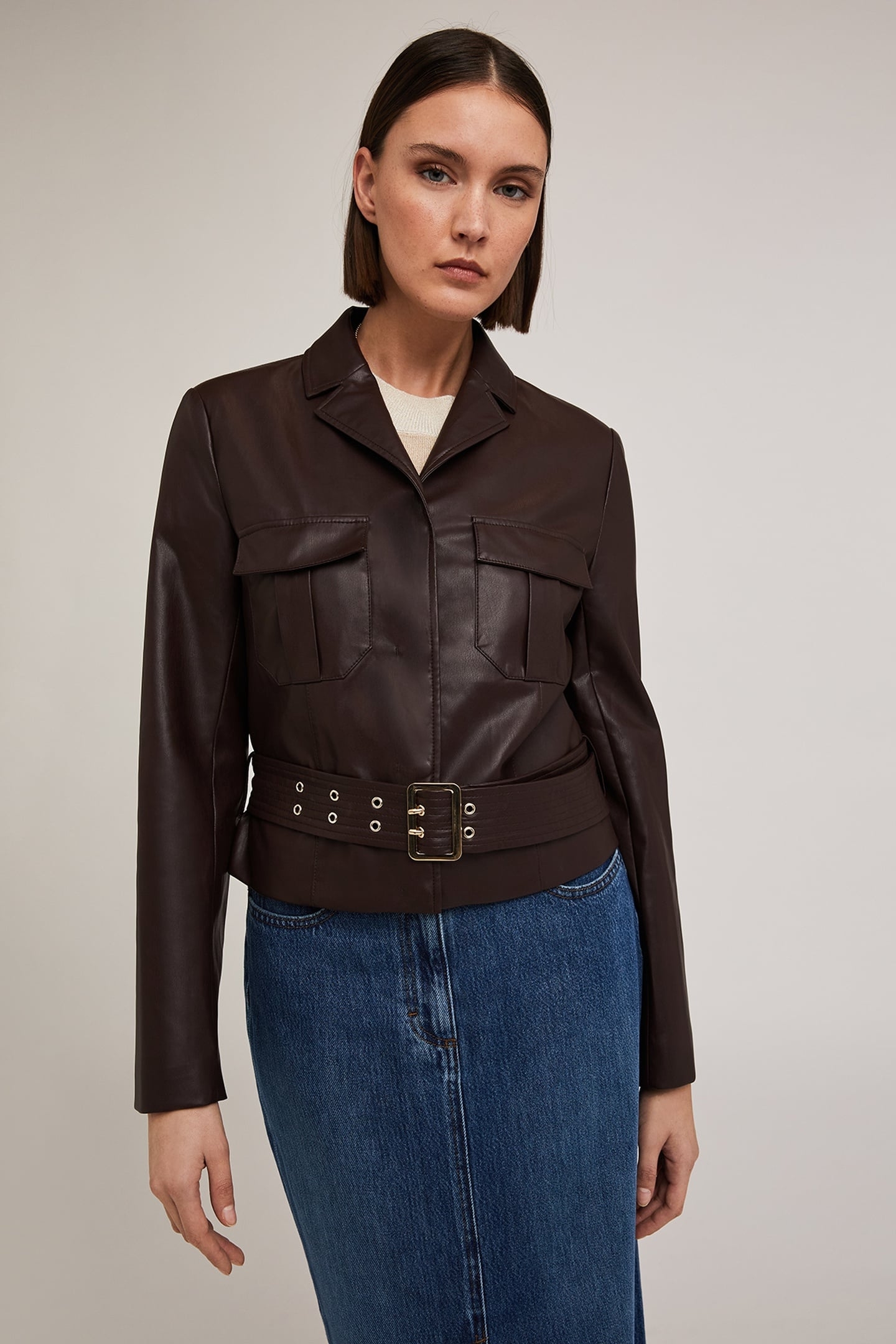COATED FABRIC JACKET WITH BELT BROWN 1