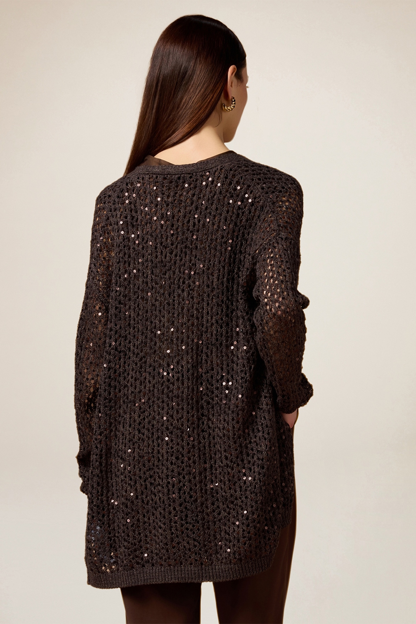 OPENWORK CARDIGAN WITH SEQUINS BROWN 2