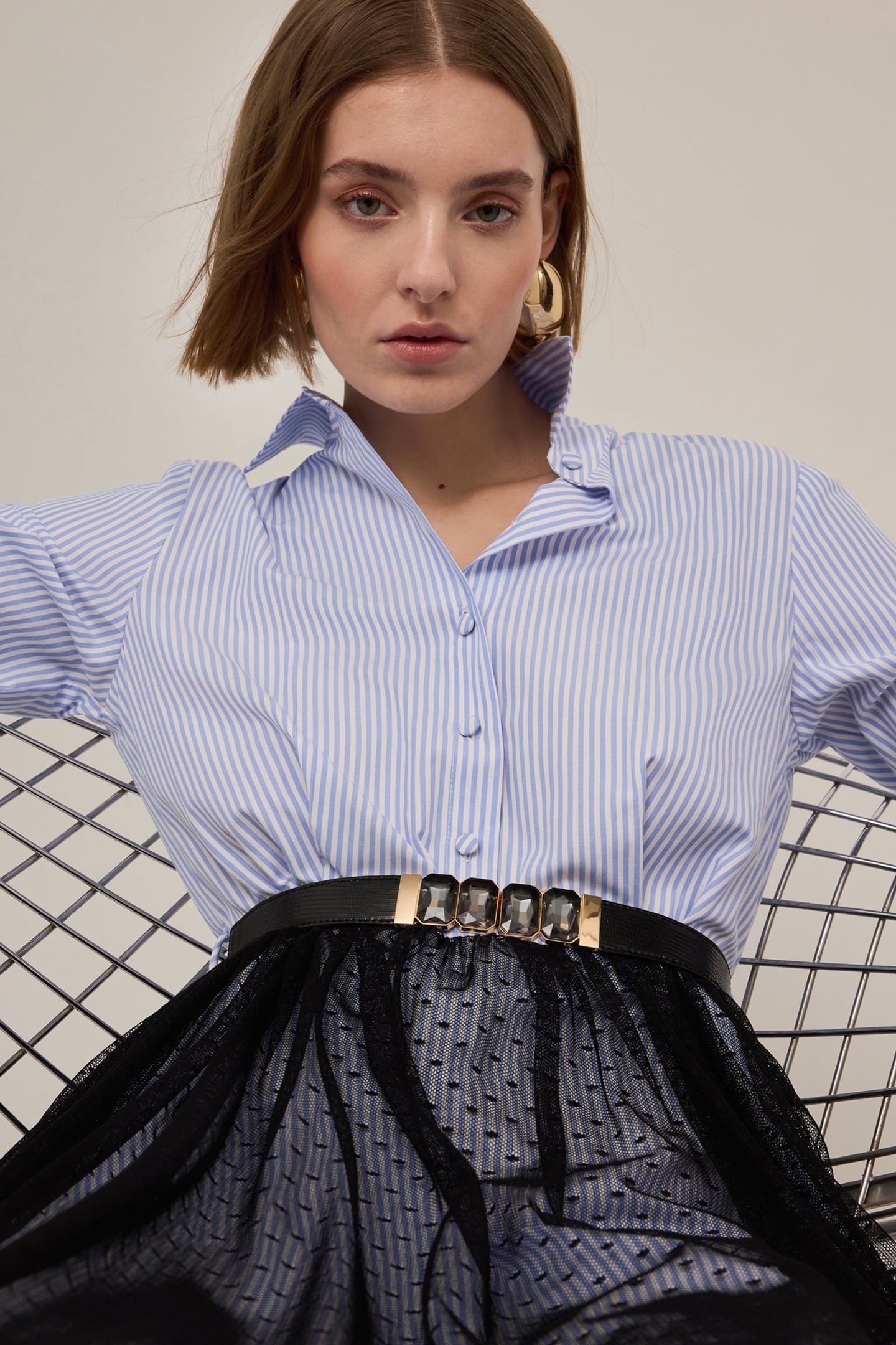 CHEMISIER DRESS WITH PLUMETIS TULLE SKIRT LIGHT BLUE 3