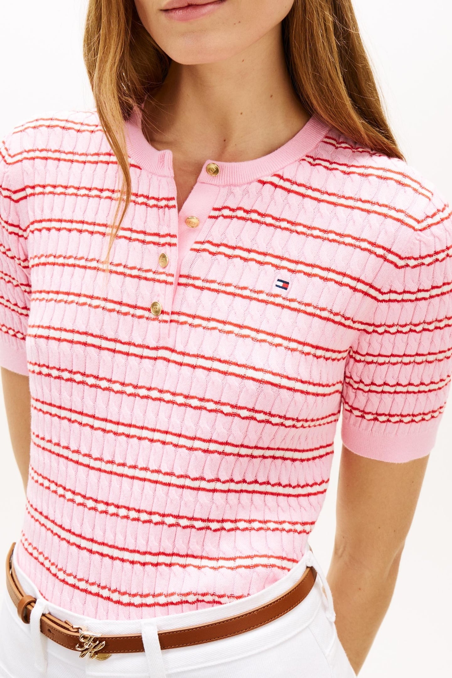 CABLE KNIT CREW NECK TOP PREPPY CLASSIC PINK 4