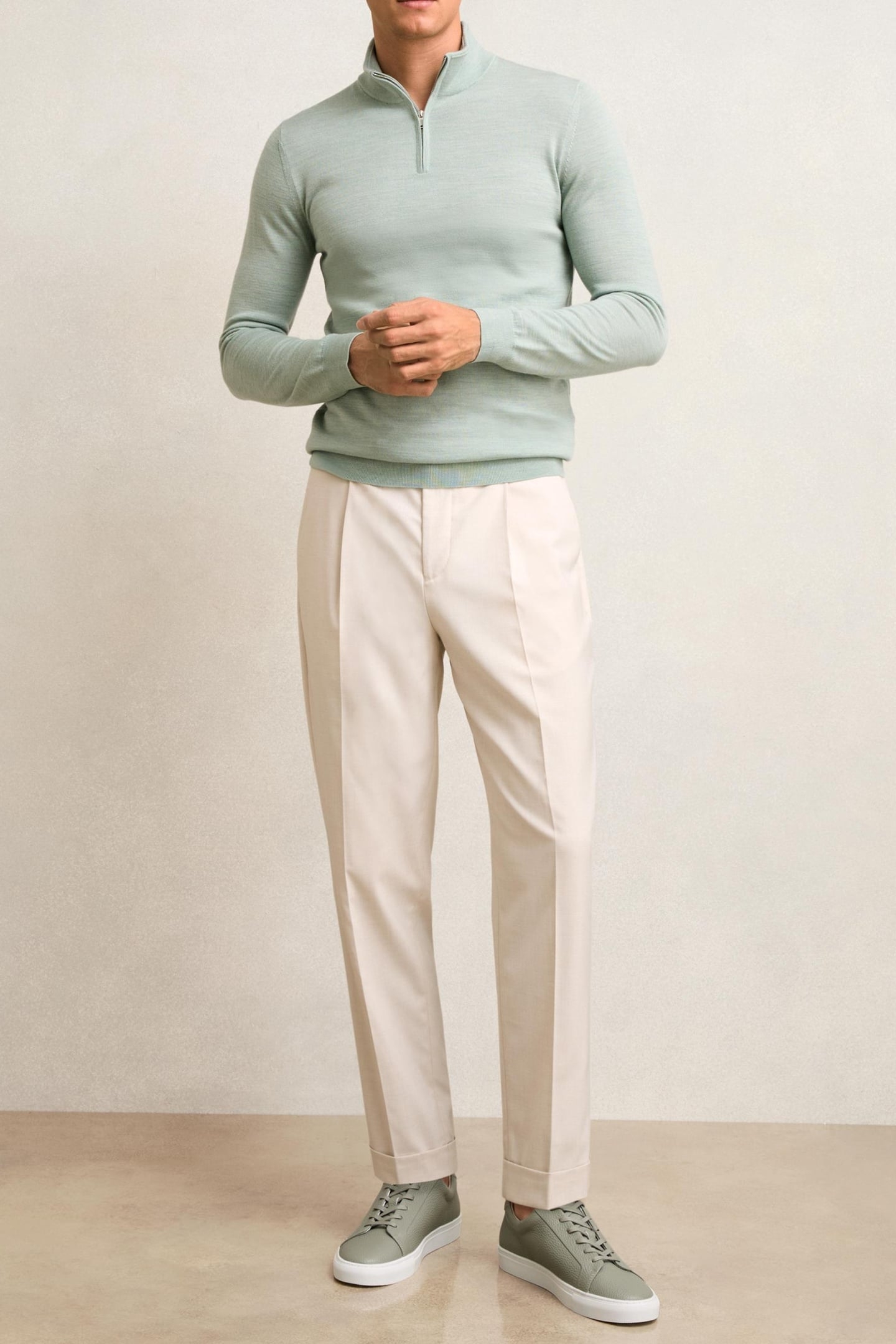 LS HALF ZIP FUNNEL MERINO WOOL JUMPER SAGE GREEN MELANGE 1