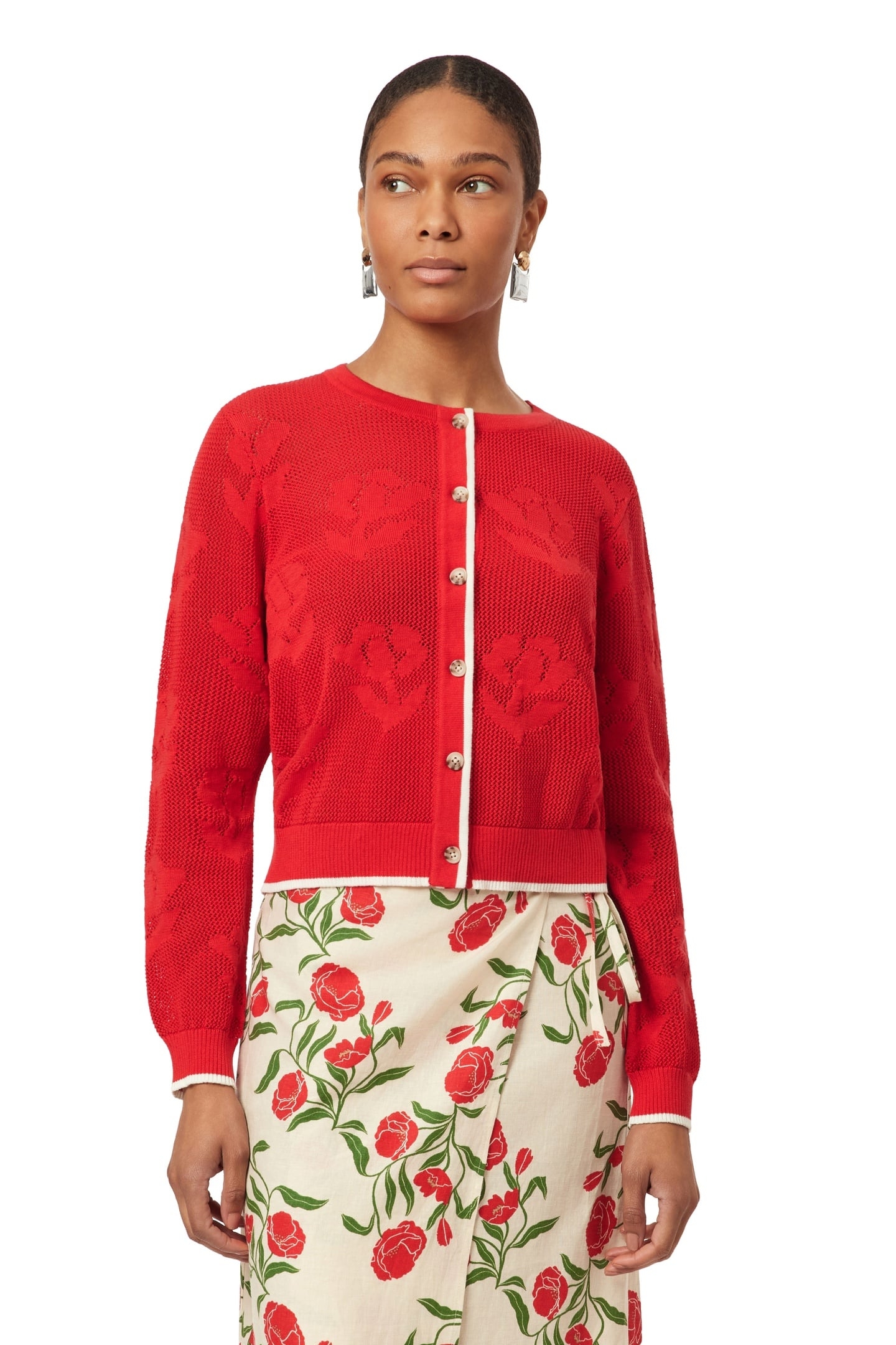 CREW NECK CARDIGAN POINSETTIA FLORAL 1
