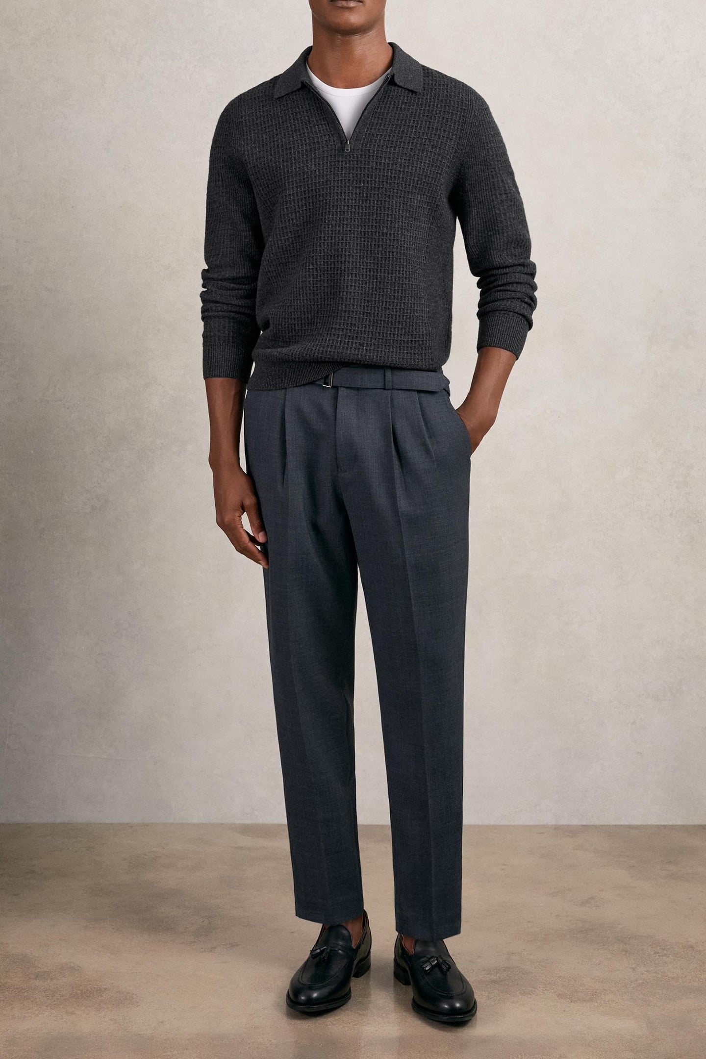 LS HALF ZIP SQUARE TEXTURED POLO CHARCOAL GREY 1