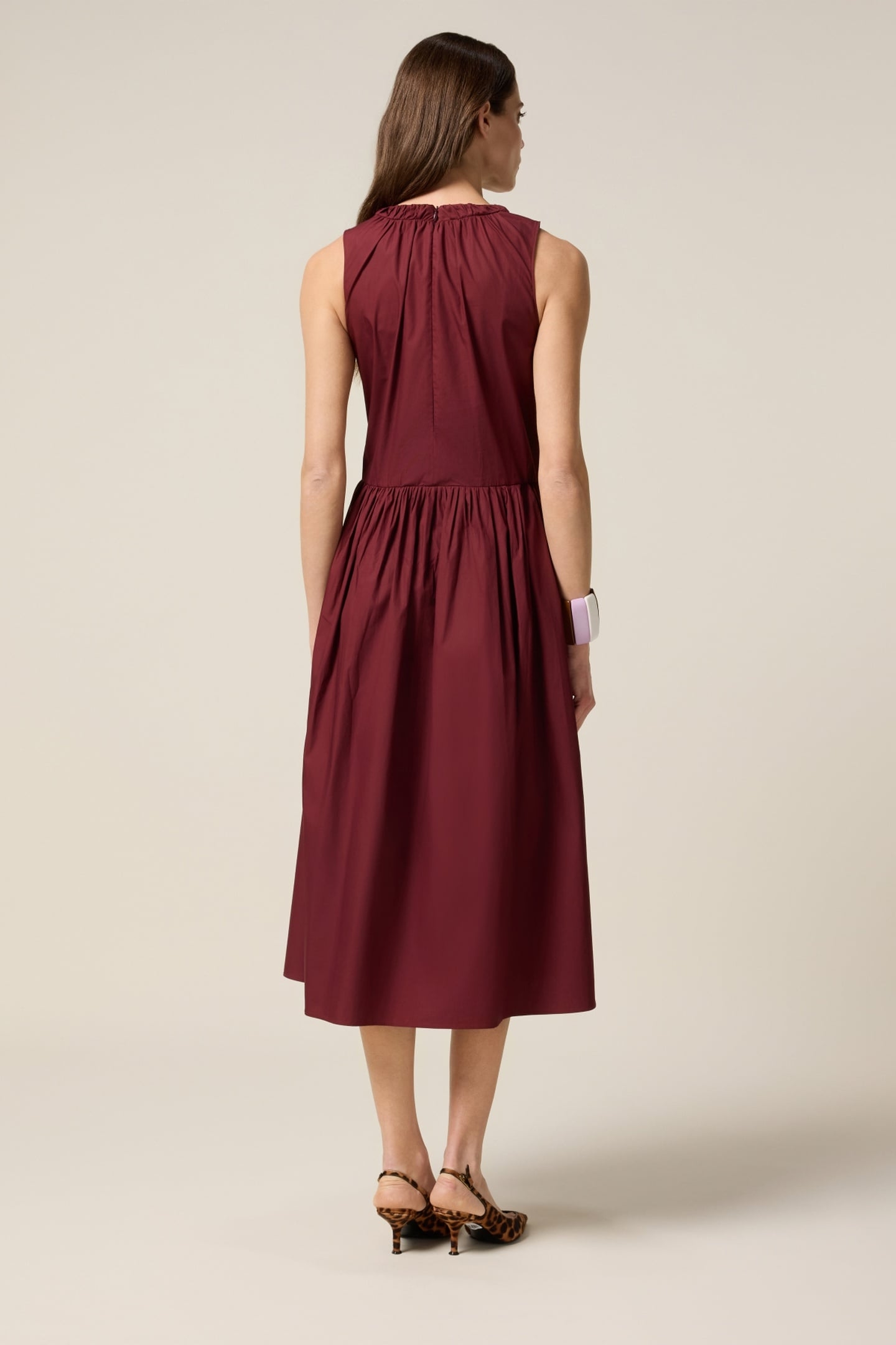 MIDI FLARE DRESS IN POPLIN BURGUNDY 2