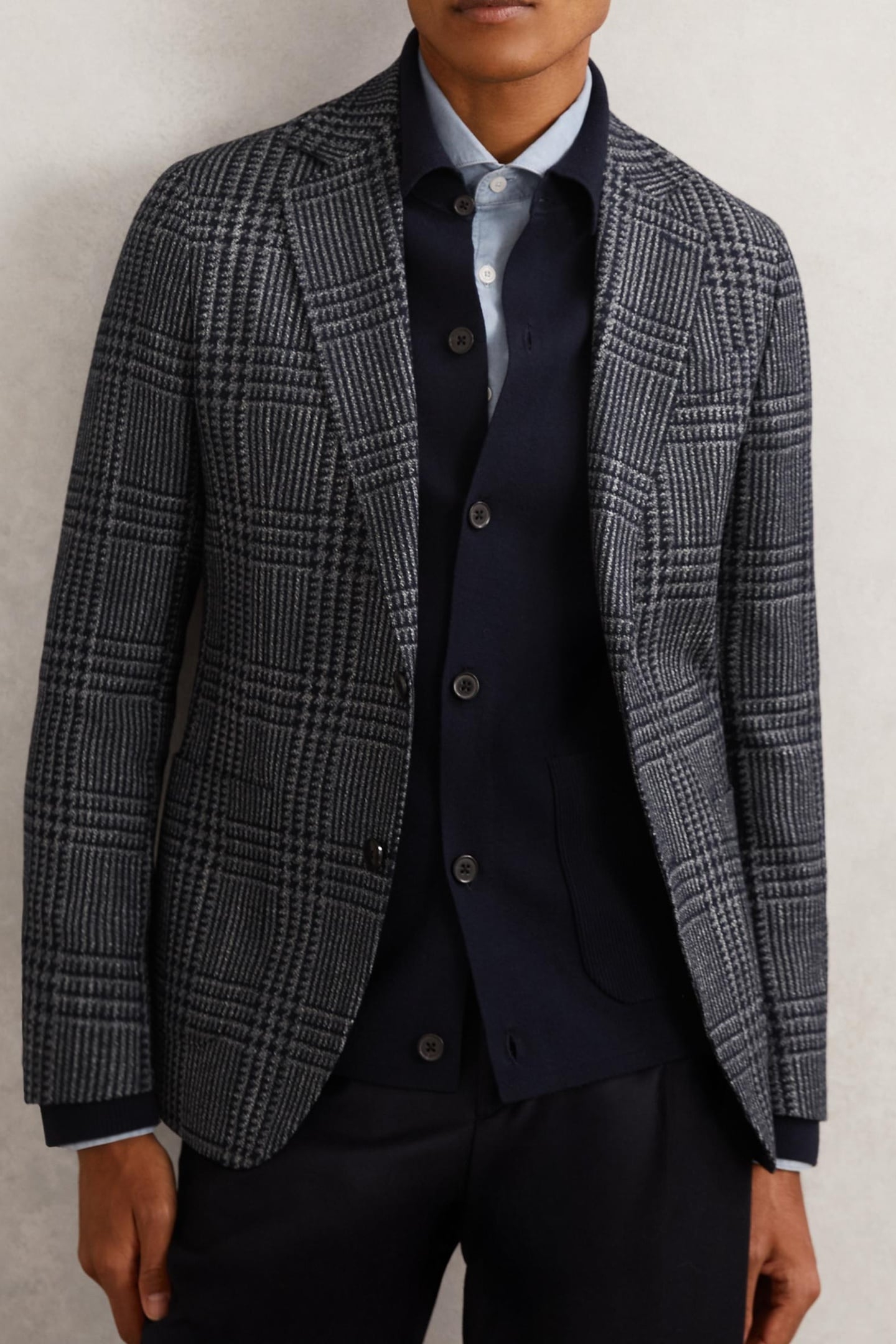 SB 2B NOTCH WOOL PRINCE OF WALES CHECK BLAZER NAVY 1