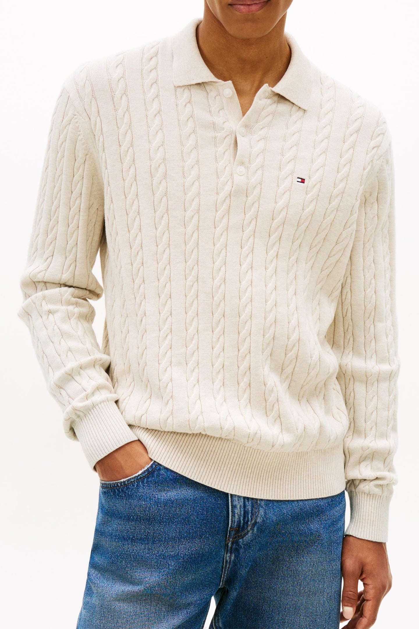 CLASSIC COTTON CABLE SWEATER HEATHERED OATMILK 1