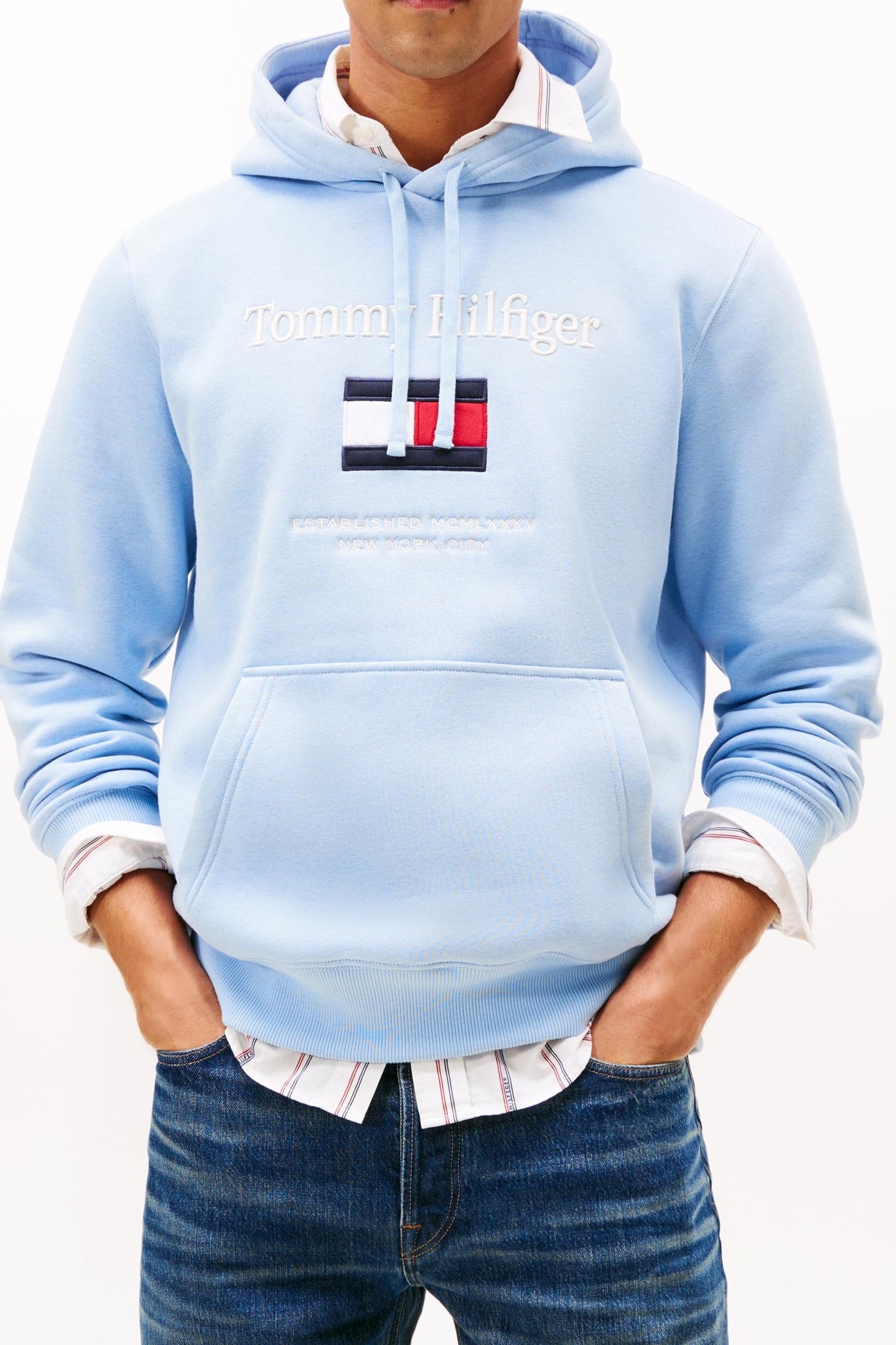 TOMMY EMBRO FLAG HOODIE WELL WATER 1