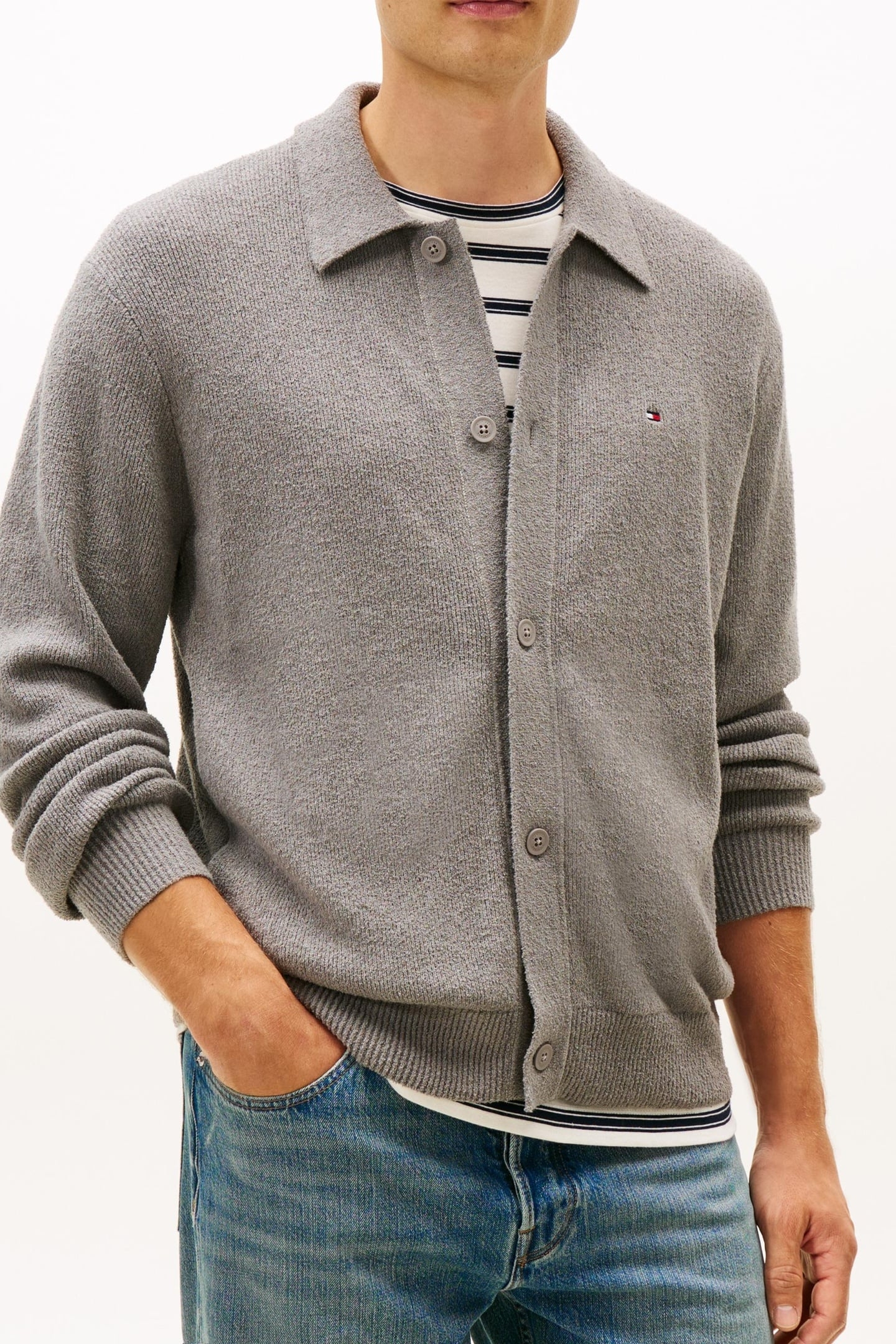 TEXTURED POLO CARDIGAN MEDIUM GREY HEATHER 1