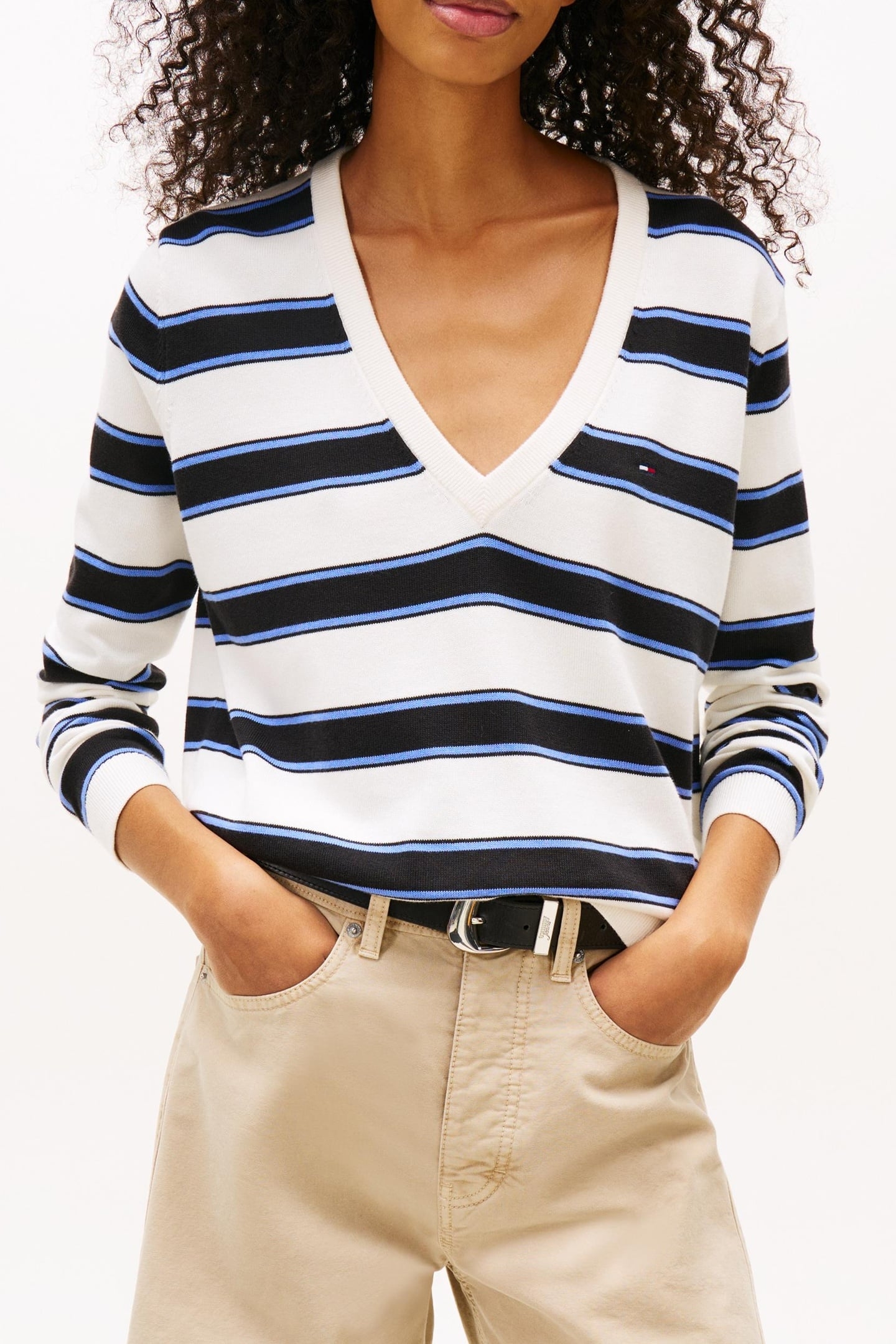 ESSENTIAL V-NECK SWEATER BLACK/MULTI STRIPE 1