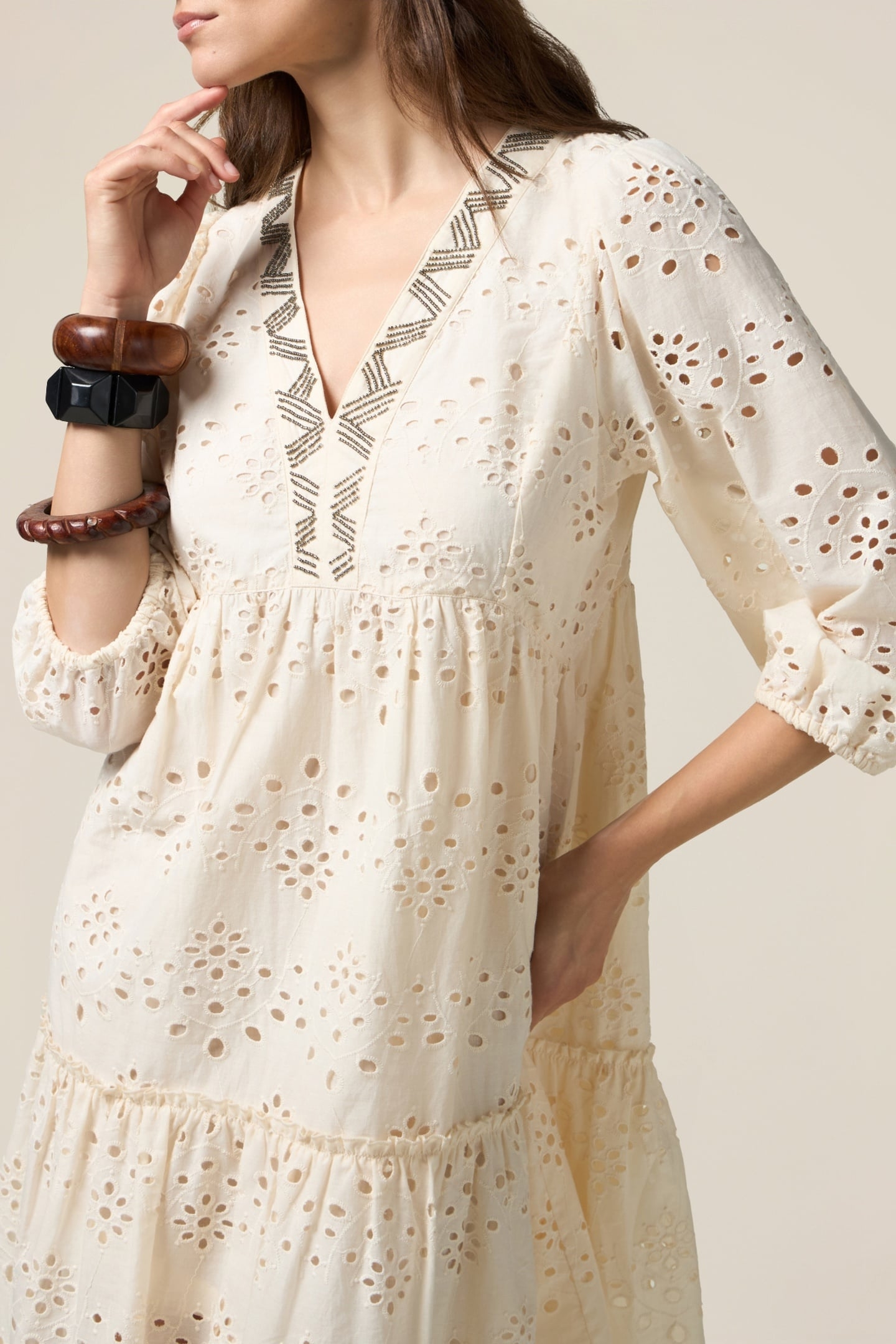 FLARED DRESS IN BRODERIE ANGLAISE LACE BEIGE 5