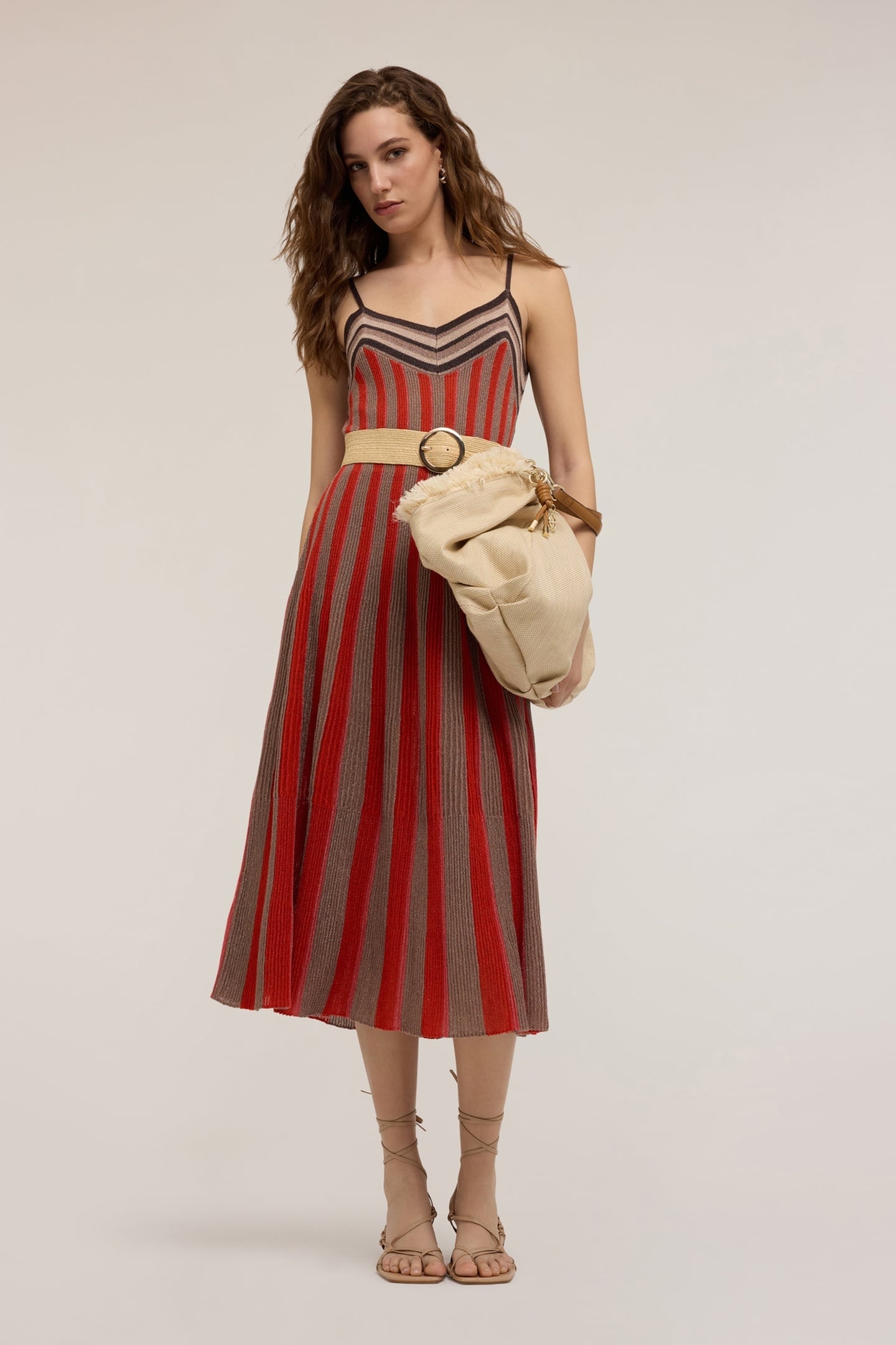 STRIPED LUREX KNIT FLARED DRESS RED 1