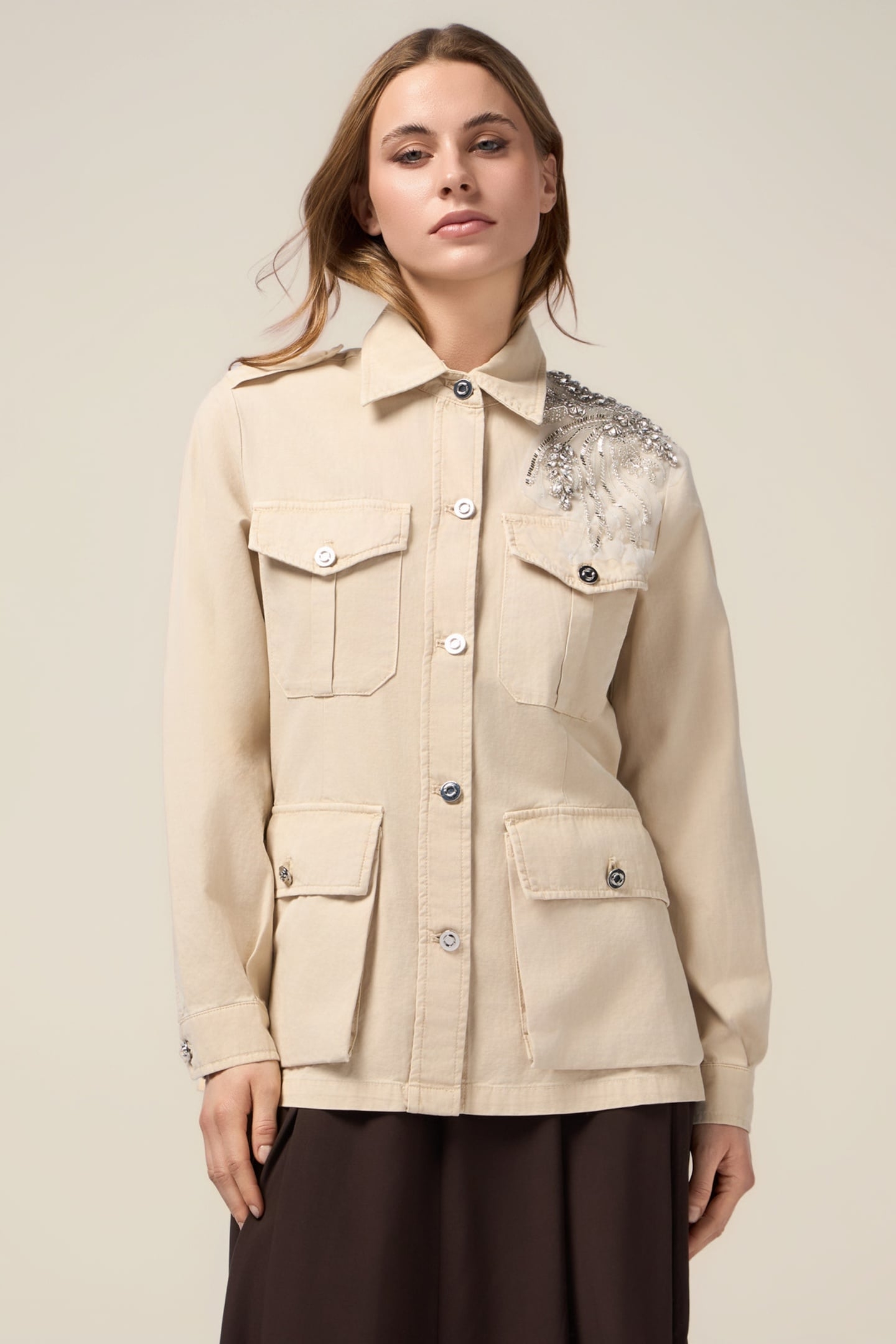 COTTON JACKET WITH JEWEL EMBROIDERY BEIGE 2