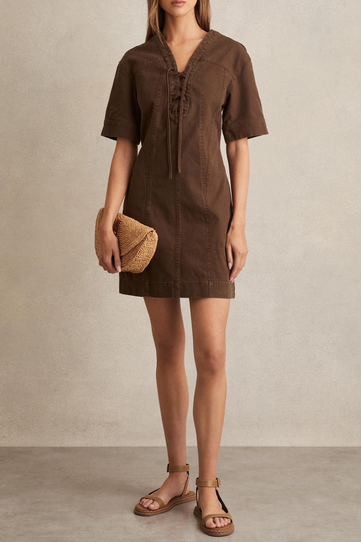 LACE UP SHIFT DRESS CHOCOLATE 1