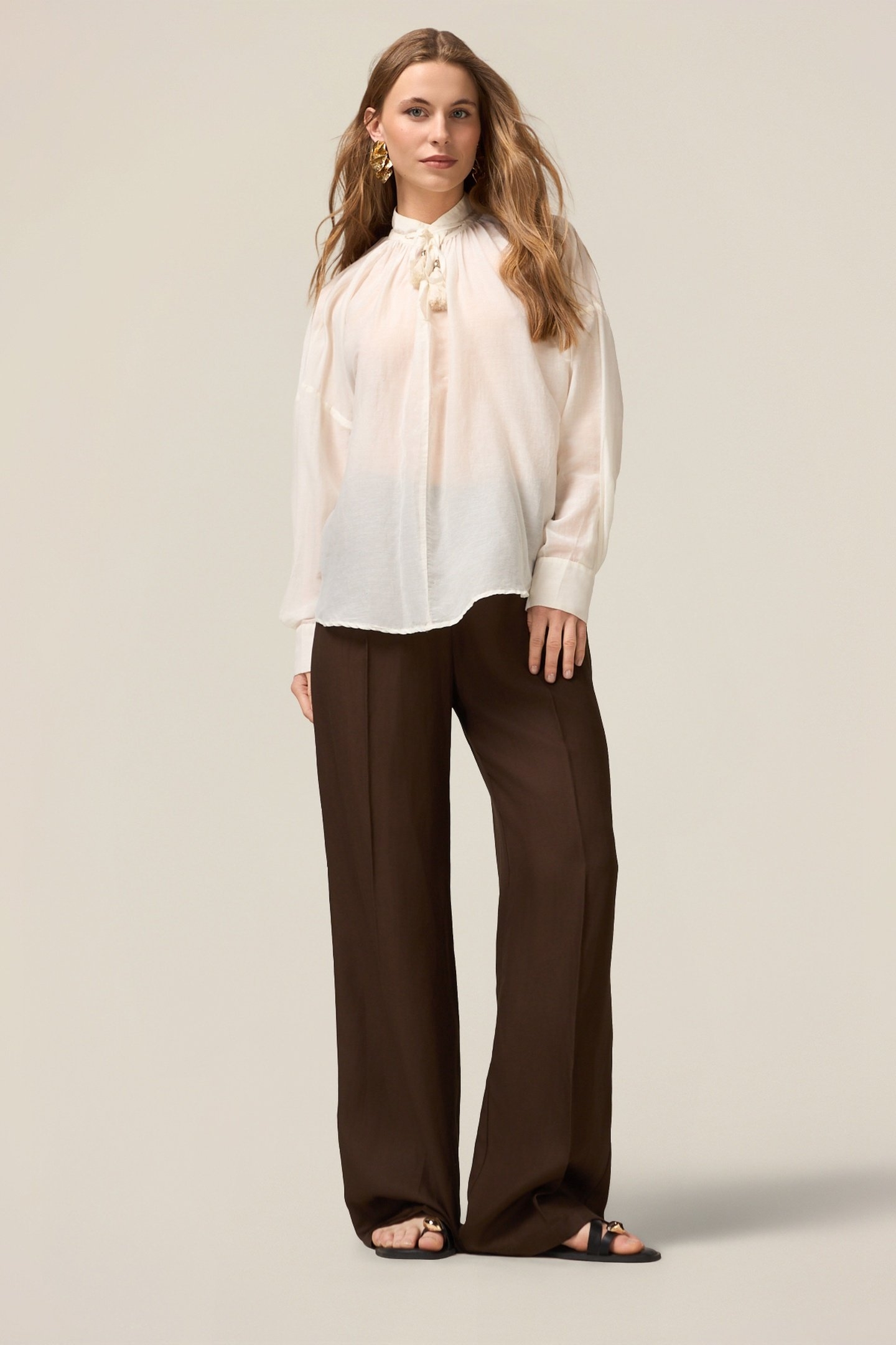 WIDE-LEG LINEN BLEND TROUSERS BROWN 2