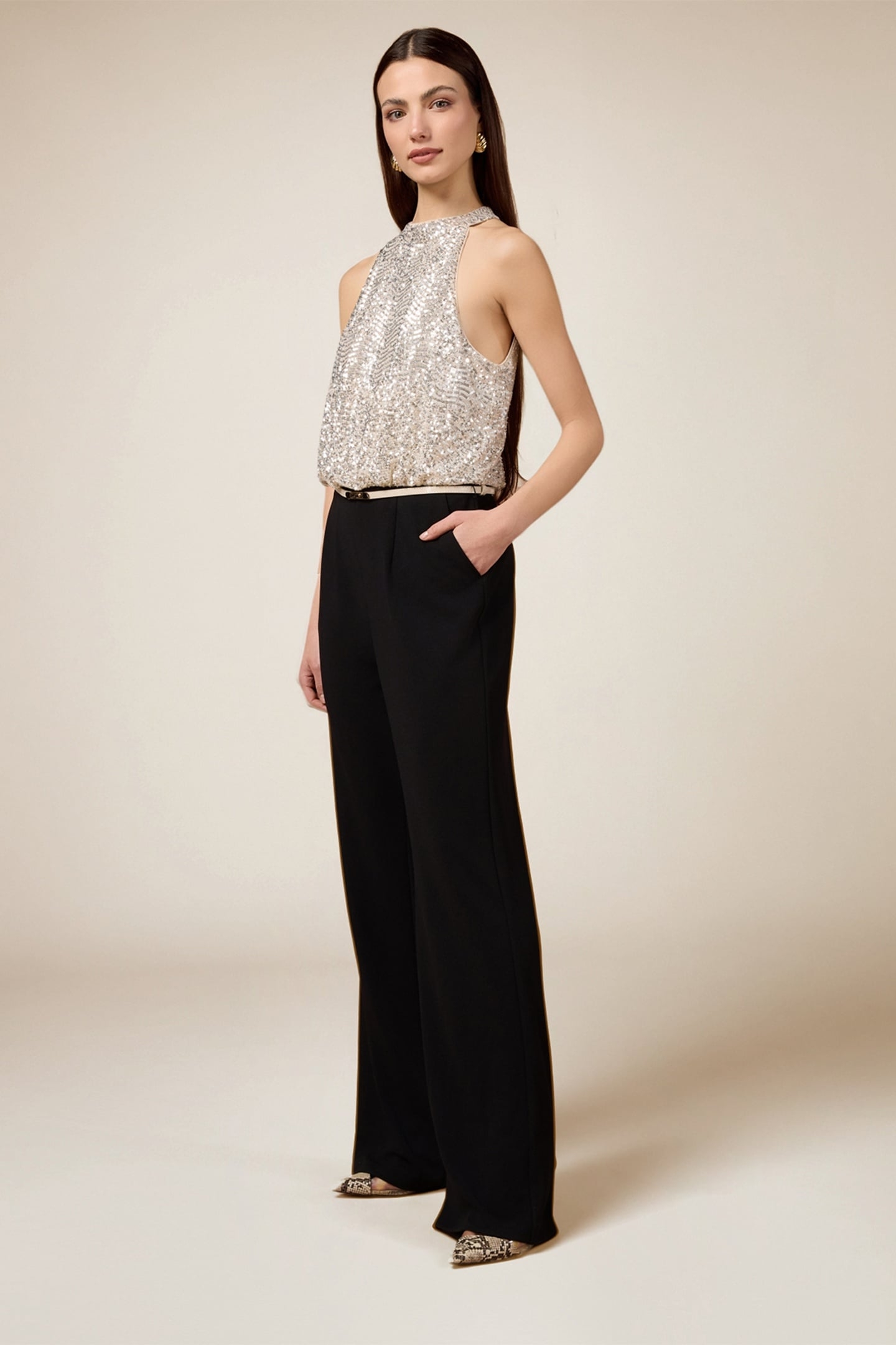 TWO-MATERIAL JUMPSUIT WITH SEQUIN TOP BLACK 1