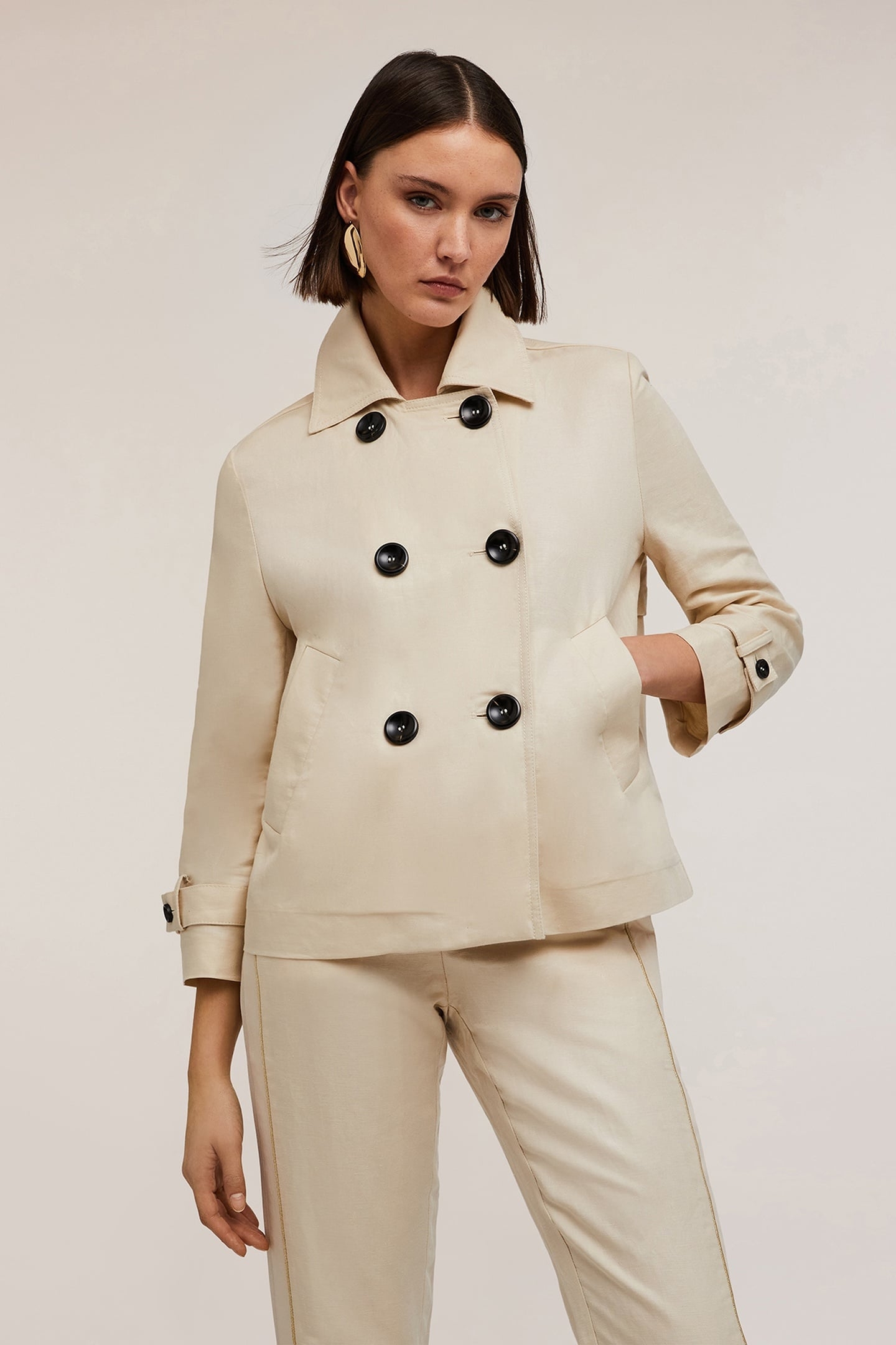 LINEN BLEND CANVAS PEA COAT BEIGE 1