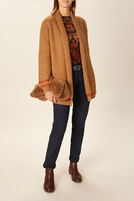 SHAWL NECK CARDI STRIPE LS BROWN 4