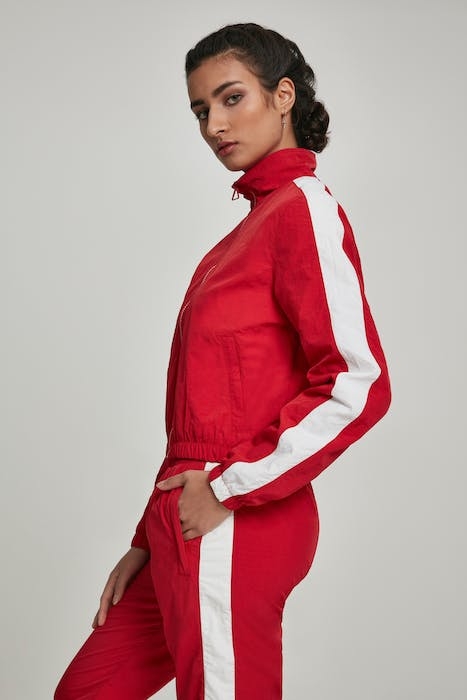 LADIES SHORT STRIPED CRINKLE TRACK JACKET RED/WHT 3