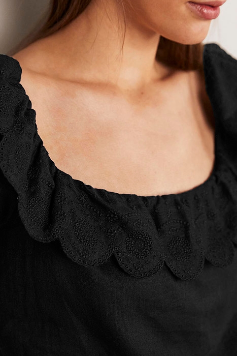 SQUARE NECK FRILL LINEN BLOUSE BLK 4