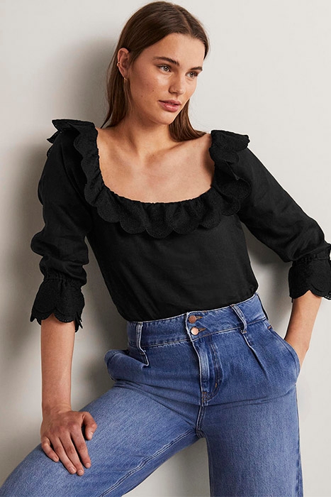 SQUARE NECK FRILL LINEN BLOUSE BLK 1
