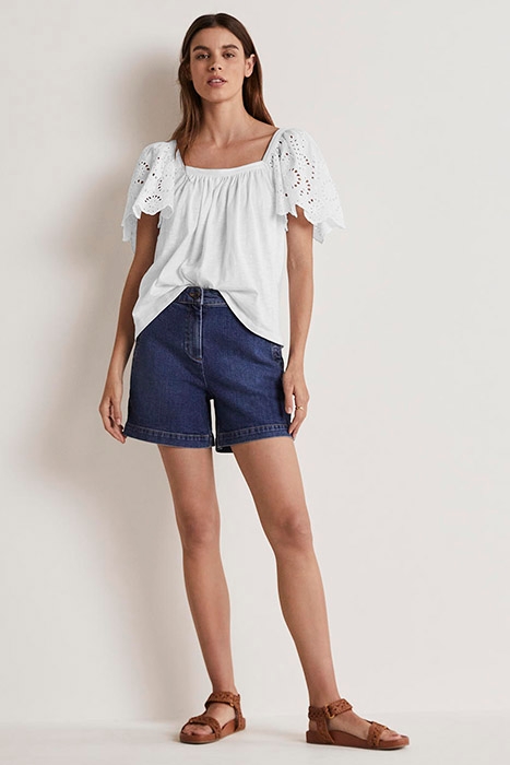 SQUARE NECK WOVEN SLEEVE TOP WHT 3