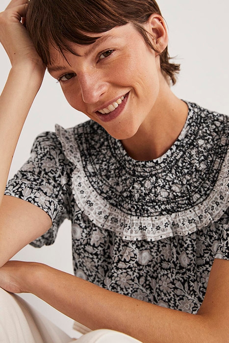 SMOCKED NECK PRINTED TOP BLK 3