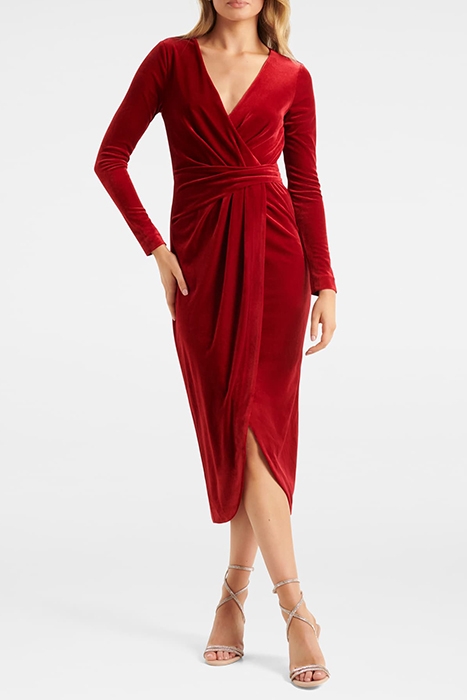 ANTIONETTE WRAP VELVET MIDI DRESS RED 1