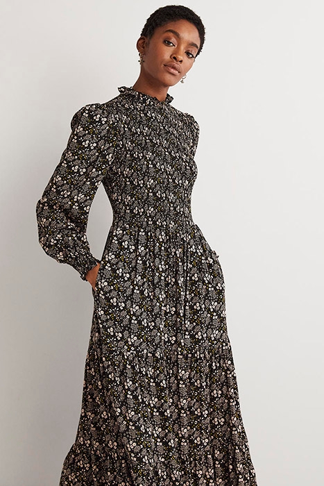 SMOCKED TIERED MIDI DRESS BLK 3