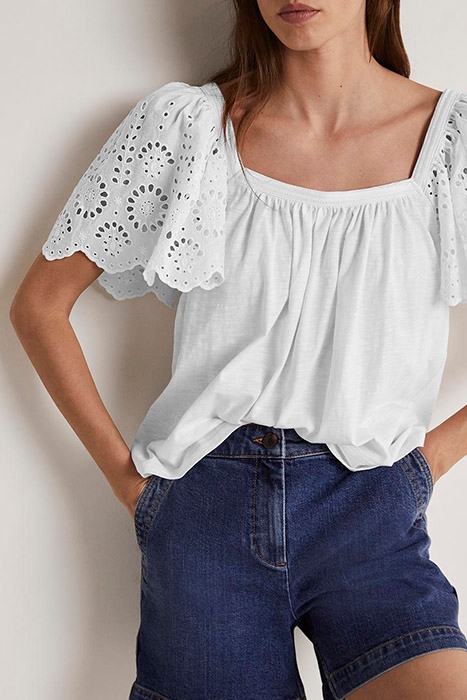 SQUARE NECK WOVEN SLEEVE TOP WHT 4