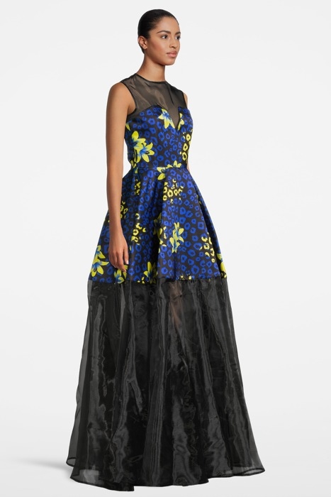 WOMEN‘S FLORAL FABRIC EVENING GOWN BLUE LILLY PRINT/ BLACK 4