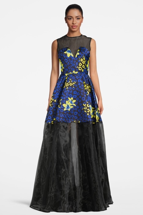 WOMEN‘S FLORAL FABRIC EVENING GOWN BLUE LILLY PRINT/ BLACK 1