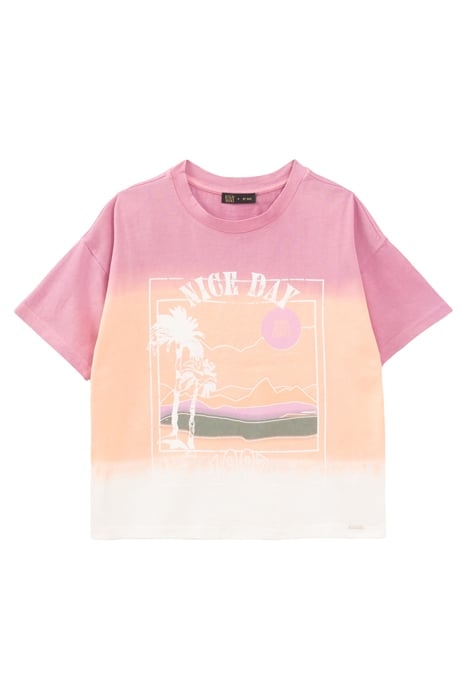 GIRLS’ WHITE T-SHIRT, PINK/ORANGE DEEP DYE + VINTAGE IMAGE 1