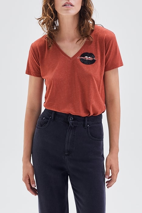 TOMETTE RED GLITTERY T-SHIRT, EMBROIDERED LIPS 1