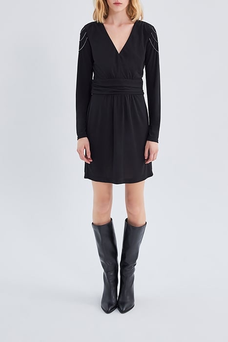 WOMEN'S SHORT BLACK BELTED V-NECK DRESS 3