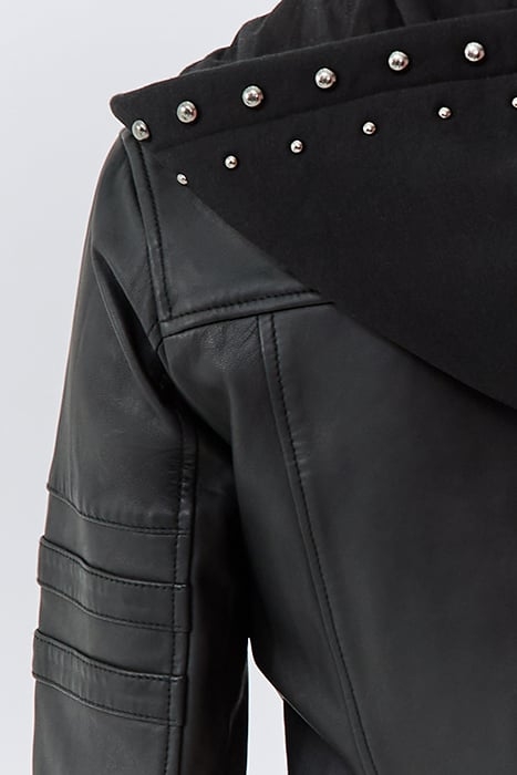 BLACK LEATHER BIKER-STYLE JACKET, ZIPPED FACING BLACK 5
