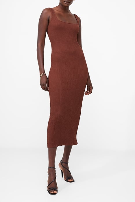 TEXTURED SQUARE NCK MIDI DRESS BROWN 1